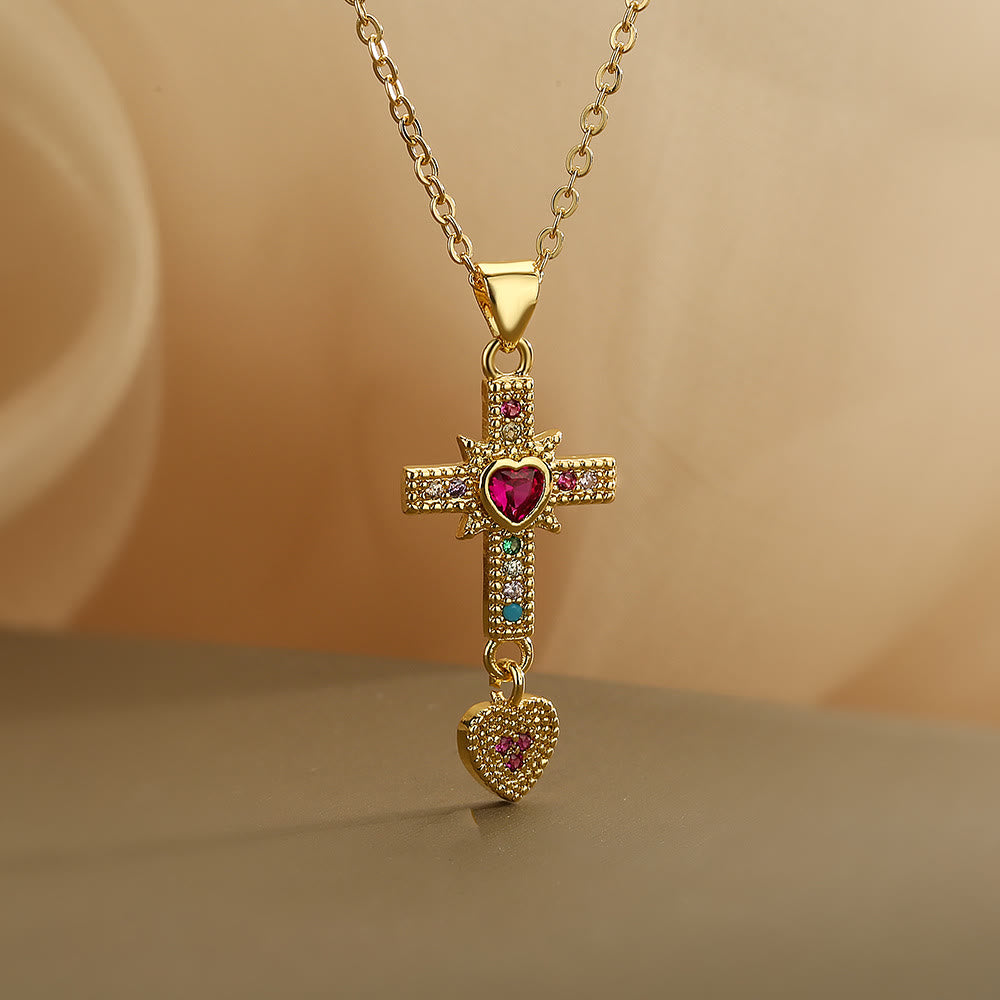 Christianartworkshop Sparkling Colorful Stone Cross Sacred Heart Necklace & Huggie Hoop Earrings: Timeless Emblem of Gentle Heavenly Guardianship - Cross&Necklace - image 2