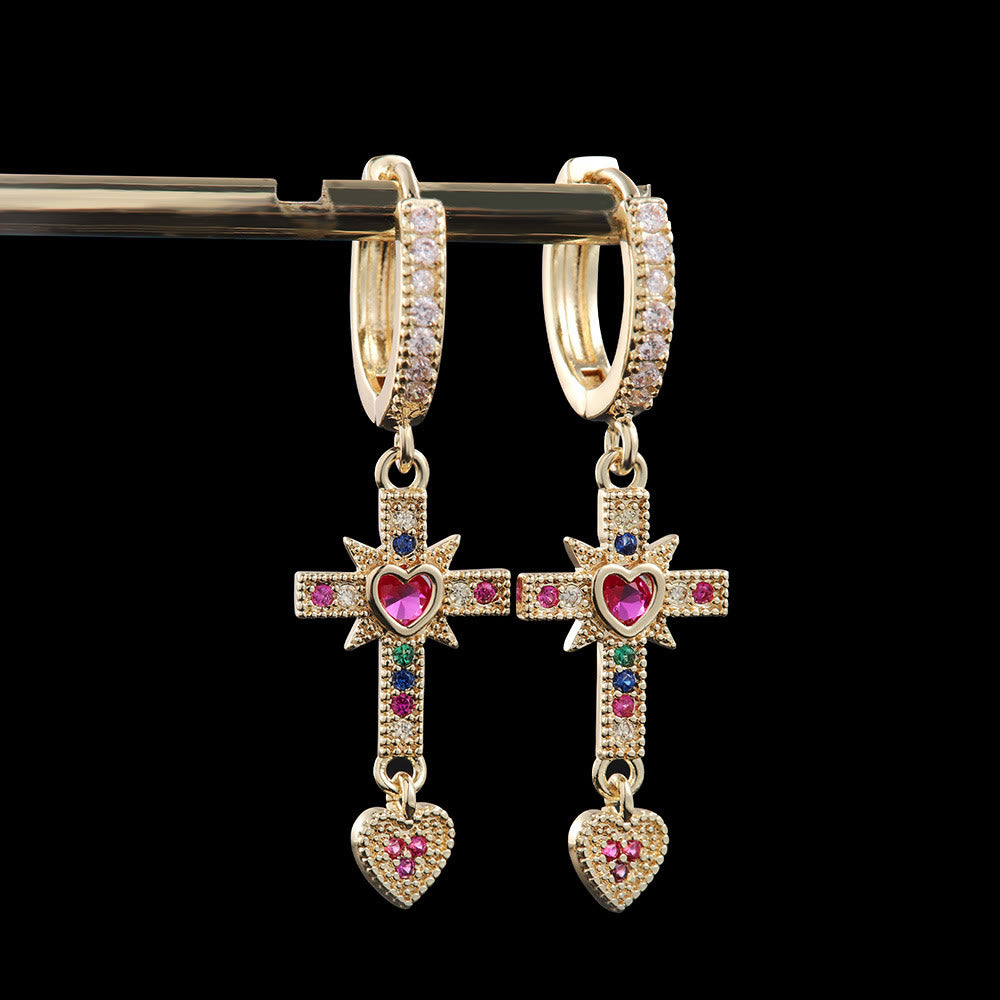 Christianartworkshop Sparkling Colorful Stone Cross Sacred Heart Necklace & Huggie Hoop Earrings: Timeless Emblem of Gentle Heavenly Guardianship - Golden Earrings - image 3