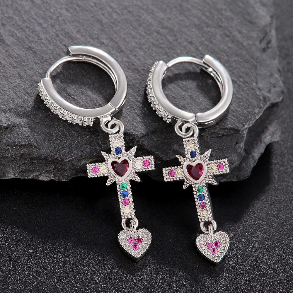 Christianartworkshop Sparkling Colorful Stone Cross Sacred Heart Necklace & Huggie Hoop Earrings: Timeless Emblem of Gentle Heavenly Guardianship - Silver Earrings - image 5