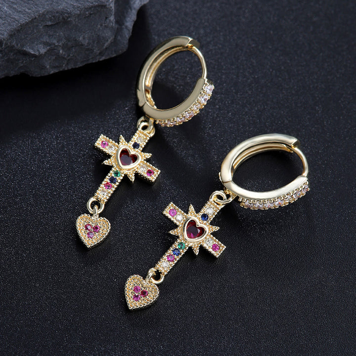 Christianartworkshop Sparkling Colorful Stone Cross Sacred Heart Necklace & Huggie Hoop Earrings: Timeless Emblem of Gentle Heavenly Guardianship - image 4