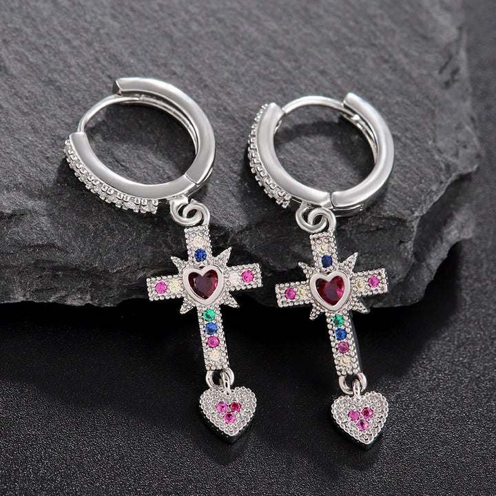 FREE Today: Sparkling Colorful Stone Cross Sacred Heart Necklace & Huggie Hoop Earrings: Timeless Emblem of Gentle Heavenly Guardianship - Silver Earrings - image 5