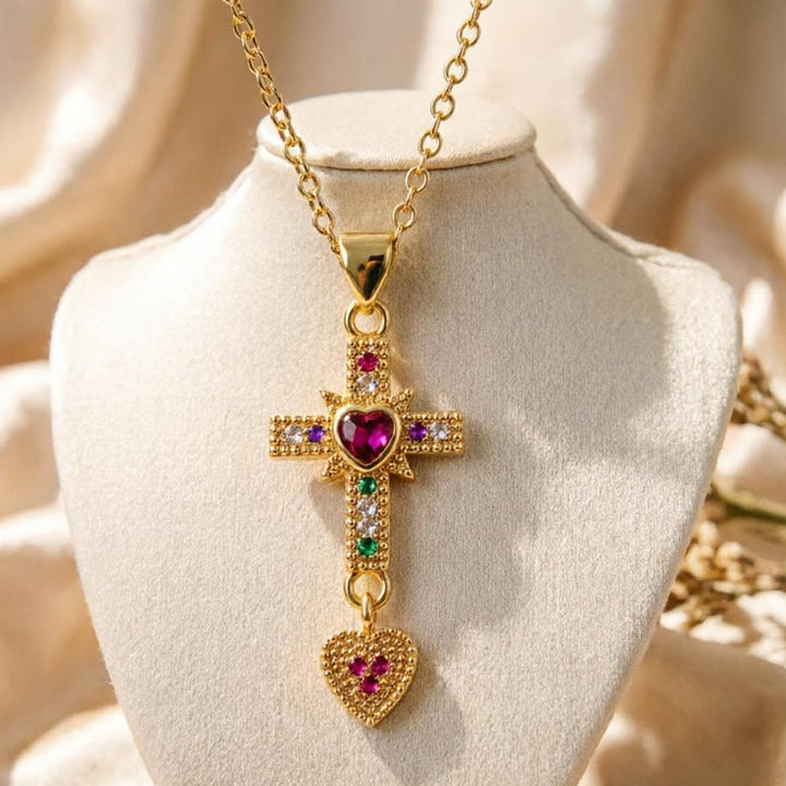 Christianartworkshop Sparkling Colorful Stone Cross Sacred Heart Necklace & Huggie Hoop Earrings: Timeless Emblem of Gentle Heavenly Guardianship - image 0