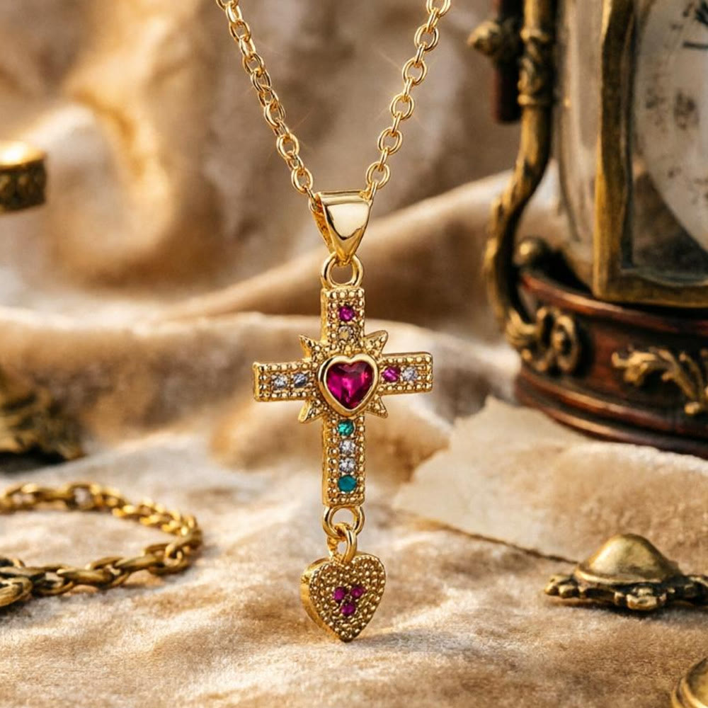 Christianartworkshop Sparkling Colorful Stone Cross Sacred Heart Necklace & Huggie Hoop Earrings: Timeless Emblem of Gentle Heavenly Guardianship - image 1
