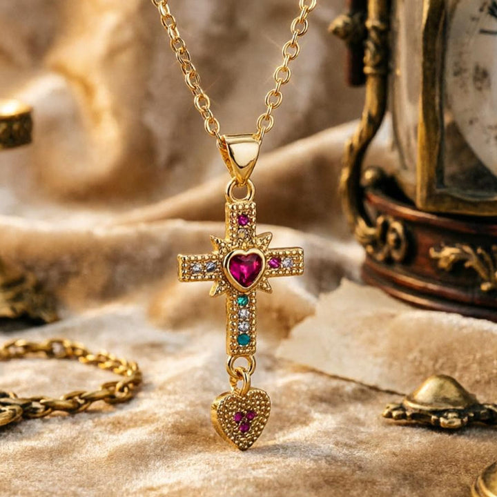 Christianartworkshop Sparkling Colorful Stone Cross Sacred Heart Necklace & Huggie Hoop Earrings: Timeless Emblem of Gentle Heavenly Guardianship - image 1