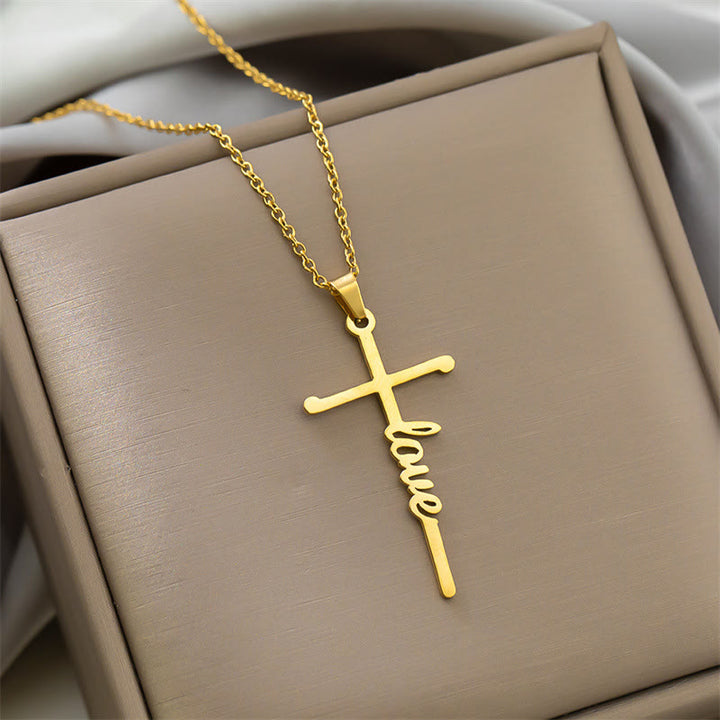 Christianartworkshop Multi Style Cursive Faith Word Integrated Cross Pendant Thin Link Chain Necklace: Timeless Emblem of Gentle Heavenly Guardianship - Love - Golden - image 7