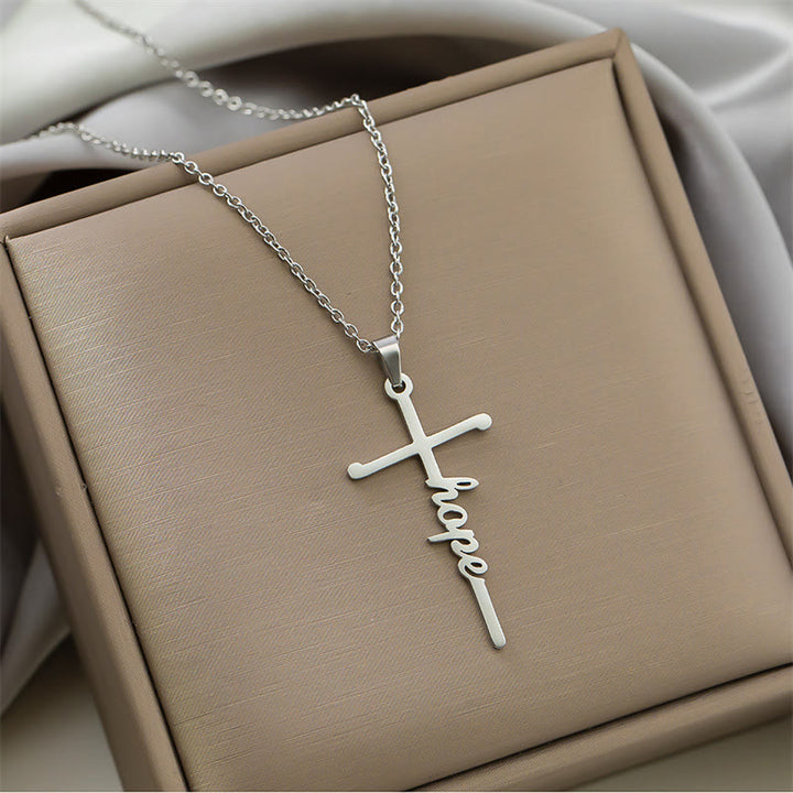 Christianartworkshop Multi Style Cursive Faith Word Integrated Cross Pendant Thin Link Chain Necklace: Timeless Emblem of Gentle Heavenly Guardianship - Hope - Silver - image 3