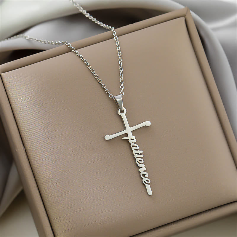 Christianartworkshop Multi Style Cursive Faith Word Integrated Cross Pendant Thin Link Chain Necklace: Timeless Emblem of Gentle Heavenly Guardianship - Patience - Silver - image 6