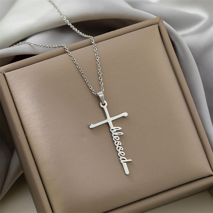 Christianartworkshop Multi Style Cursive Faith Word Integrated Cross Pendant Thin Link Chain Necklace: Timeless Emblem of Gentle Heavenly Guardianship - Blessed - Silver - image 10