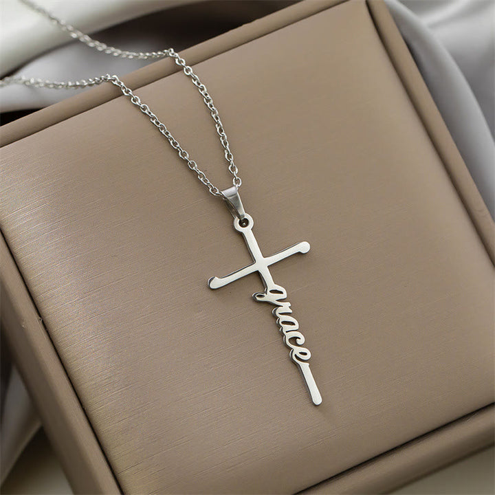 Christianartworkshop Multi Style Cursive Faith Word Integrated Cross Pendant Thin Link Chain Necklace: Timeless Emblem of Gentle Heavenly Guardianship - Grace - Silver - image 12