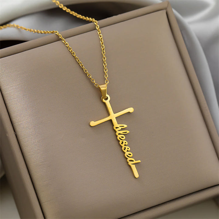 Christianartworkshop Multi Style Cursive Faith Word Integrated Cross Pendant Thin Link Chain Necklace: Timeless Emblem of Gentle Heavenly Guardianship - Blessed - Golden - image 9