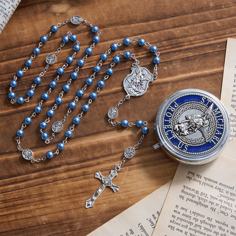 FREE Today: Silver or Blue Rosary with Antique Silver Archangel Medal and Matching Engraved Round Box - Blue - image 5