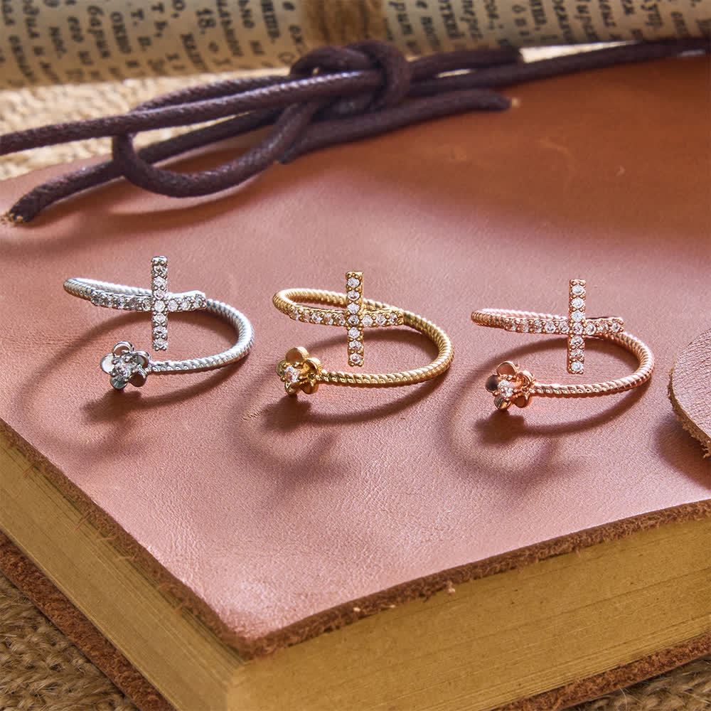 FREE Today: Open Cuff Ring with Pave Zircon Cross and Flower Zircon Accent: A Symbol of Tender Grace & Steadfast Sacred Faith - image 1