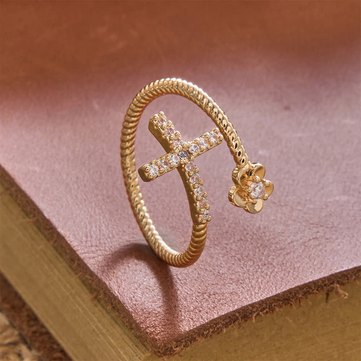 FREE Today: Open Cuff Ring with Pave Zircon Cross and Flower Zircon Accent: A Symbol of Tender Grace & Steadfast Sacred Faith - image 4
