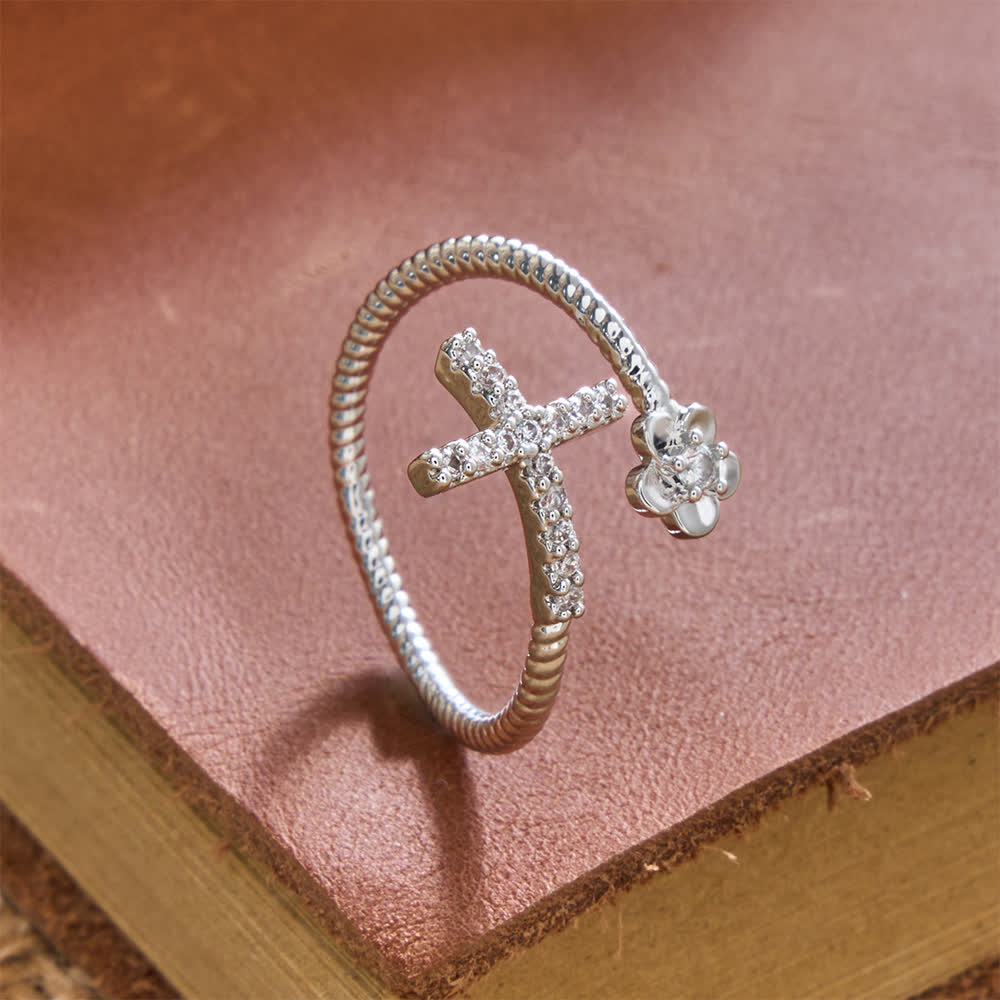 FREE Today: Open Cuff Ring with Pave Zircon Cross and Flower Zircon Accent: A Symbol of Tender Grace & Steadfast Sacred Faith - image 5