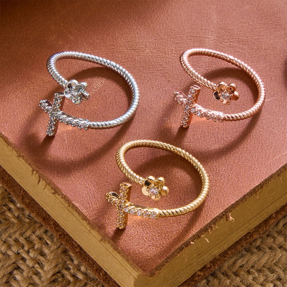 FREE Today: Open Cuff Ring with Pave Zircon Cross and Flower Zircon Accent: A Symbol of Tender Grace & Steadfast Sacred Faith - image 2