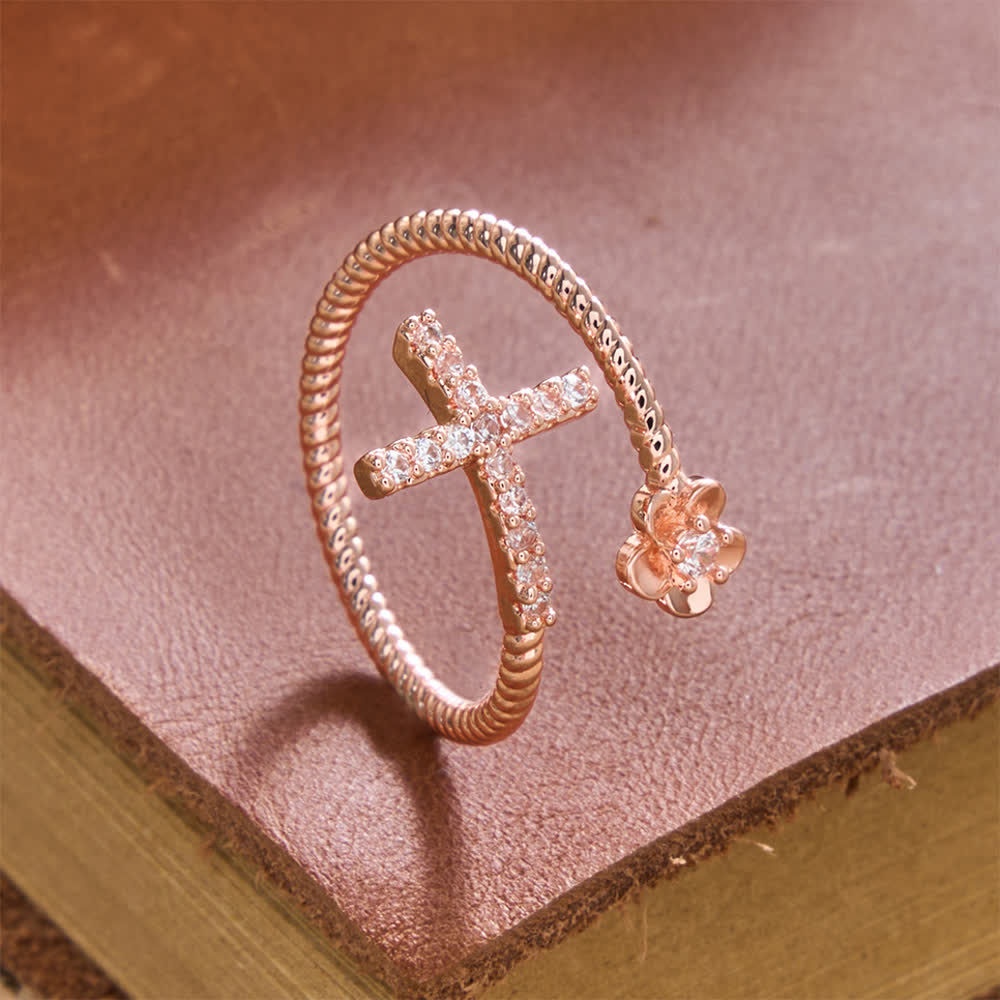 Christianartworkshop Open Cuff Ring with Pave Zircon Cross and Flower Zircon Accent: A Symbol of Tender Grace & Steadfast Sacred Faith - image 3