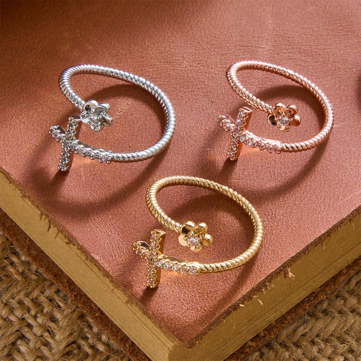 Christianartworkshop Open Cuff Ring with Pave Zircon Cross and Flower Zircon Accent: A Symbol of Tender Grace & Steadfast Sacred Faith - image 2