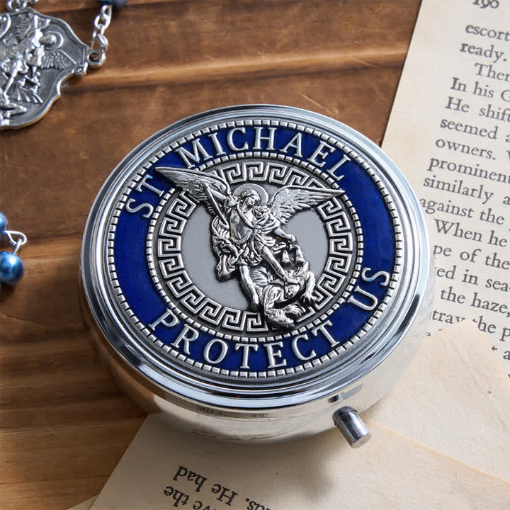 Christianartworkshop Silver or Blue Rosary with Antique Silver Archangel Medal and Matching Engraved Round Box - image 8