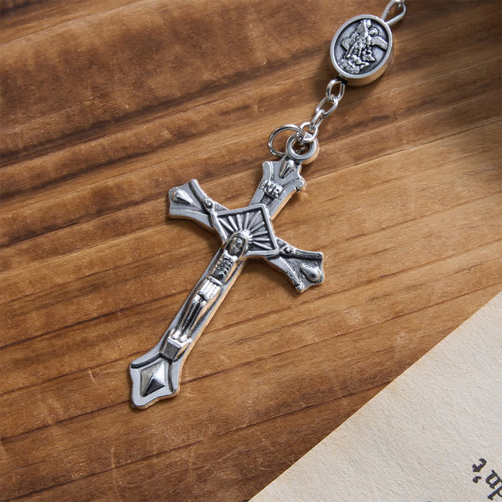 Christianartworkshop Silver or Blue Rosary with Antique Silver Archangel Medal and Matching Engraved Round Box - image 10