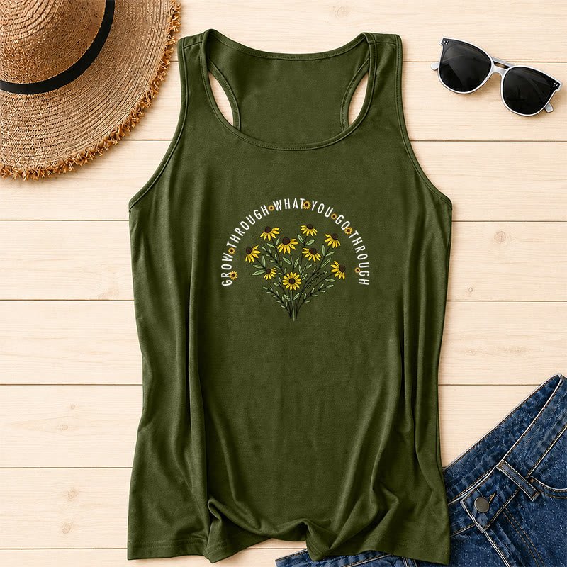Christianartworkshop Arch Curved Grow Through What You Go Through Text Black Eyed Susan Floral Bouquet Centered Racerback Tank Top - Army Green - 2XL - image 12