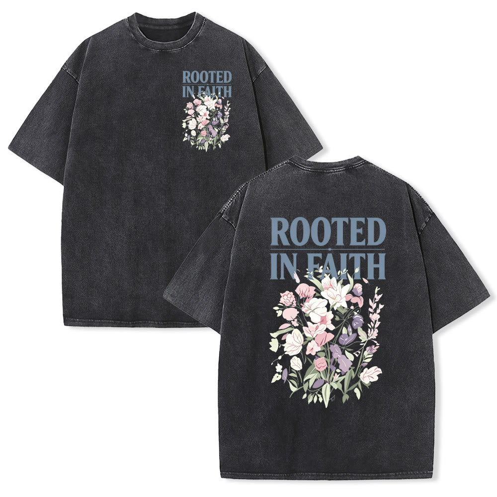 Christianartworkshop Rooted In Faith Block Font Small Floral Front Chest Large Mixed Flower Bouquet Back Dual Print Vintage Washed T-Shirt - Black - 5XL - image 0
