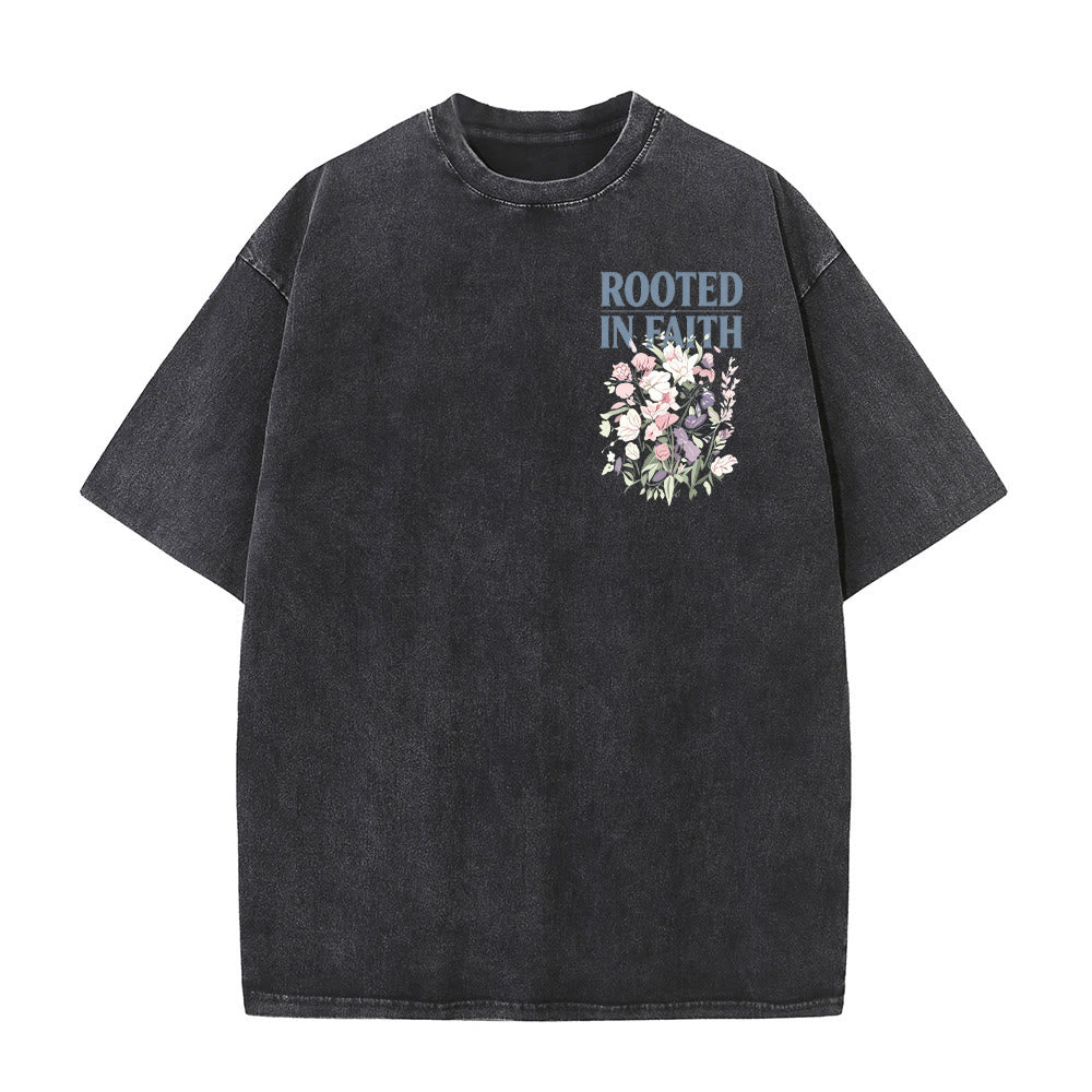 Christianartworkshop Rooted In Faith Block Font Small Floral Front Chest Large Mixed Flower Bouquet Back Dual Print Vintage Washed T-Shirt - image 1