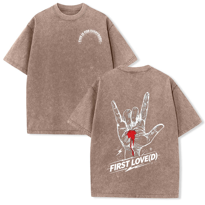 Christianartworkshop Grunge Rock Hand Bleeding Heart Graphic Arch Slogan Front Large First Love Letter Back Washed T-Shirt - Brown - 5XL - image 3