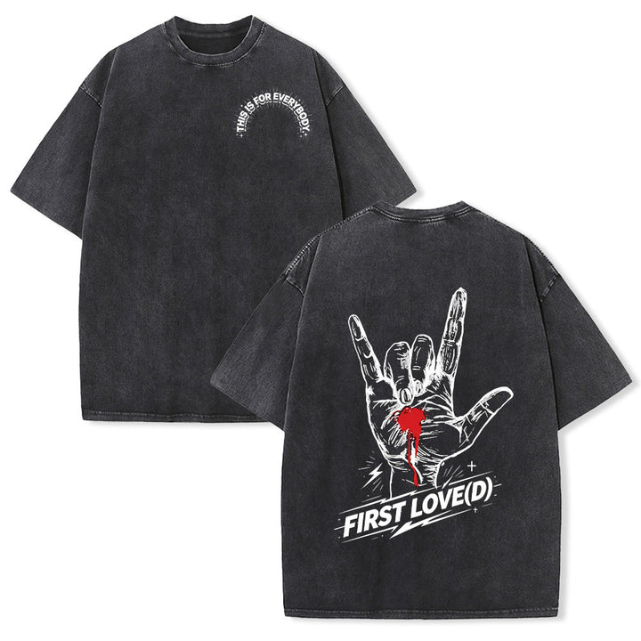 Christianartworkshop Grunge Rock Hand Bleeding Heart Graphic Arch Slogan Front Large First Love Letter Back Washed T-Shirt - Black - 5XL - image 0
