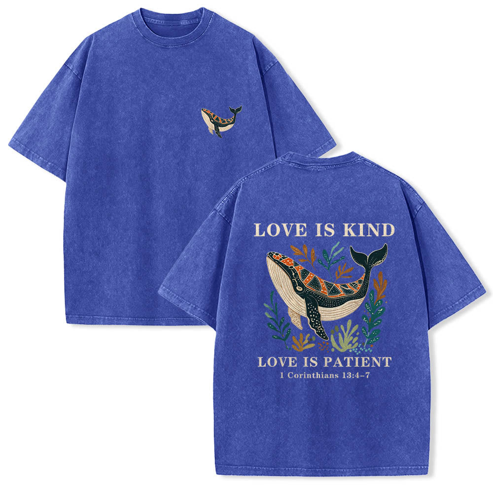 Christianartworkshop Love Is Kind Love Is Patient Watercolor Whale Seaweed Two Tier Scripture Dual Print Vintage Washed T-Shirt - Blue - 5XL - image 0