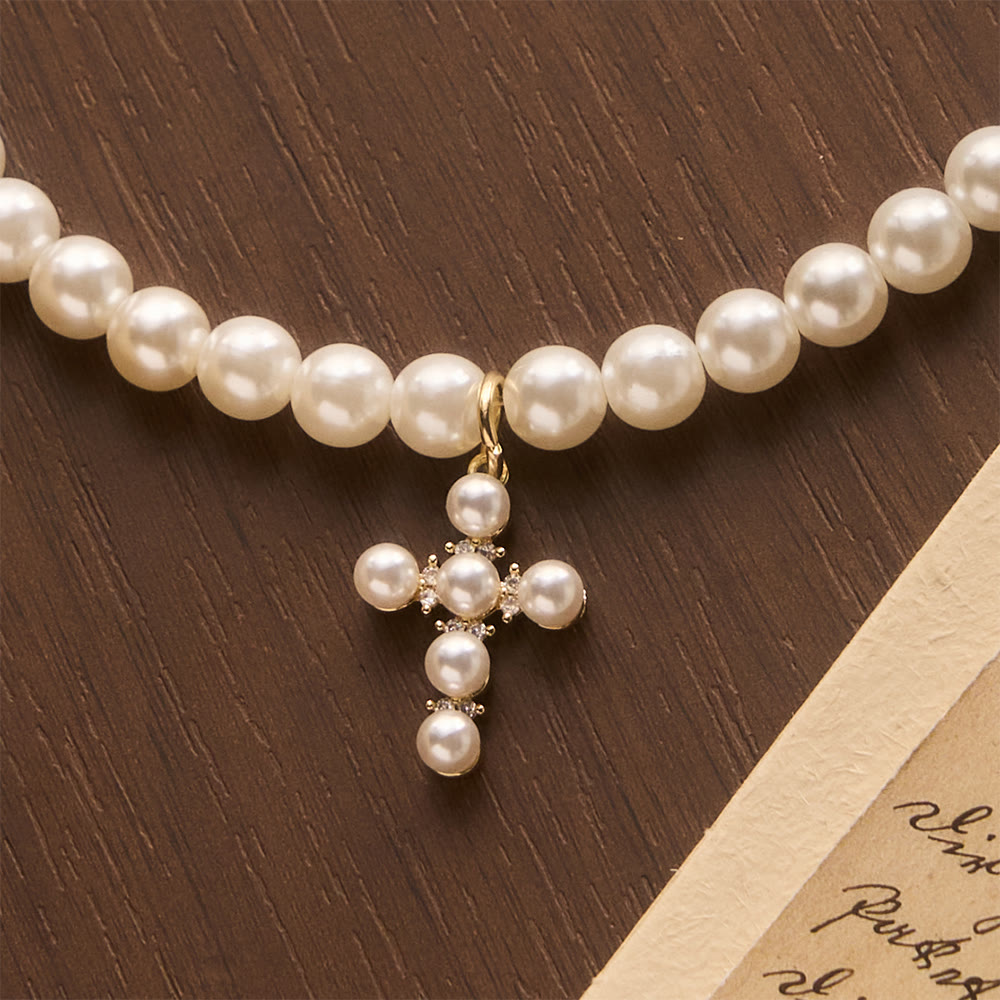 Christianartworkshop Elegant Imitation Pearl Bead Mini Pearl Cross Pendant Choker Necklace: Timeless Emblem of Gentle Heavenly Guardianship - image 3