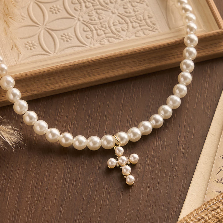 FREE Today: Elegant Imitation Pearl Bead Mini Pearl Cross Pendant Choker Necklace: Timeless Emblem of Gentle Heavenly Guardianship - Cross - image 0