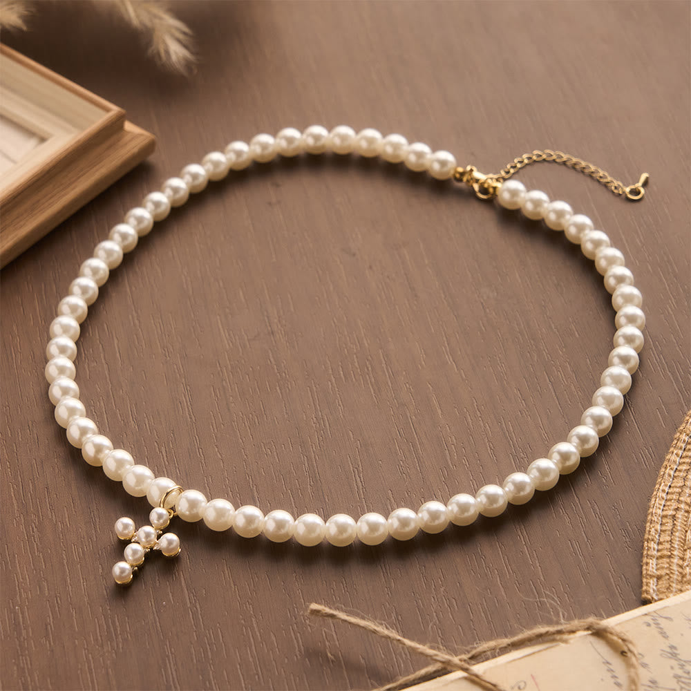 FREE Today: Elegant Imitation Pearl Bead Mini Pearl Cross Pendant Choker Necklace: Timeless Emblem of Gentle Heavenly Guardianship - image 1