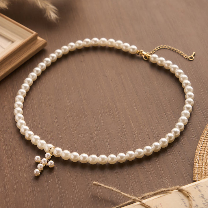 FREE Today: Elegant Imitation Pearl Bead Mini Pearl Cross Pendant Choker Necklace: Timeless Emblem of Gentle Heavenly Guardianship - image 1
