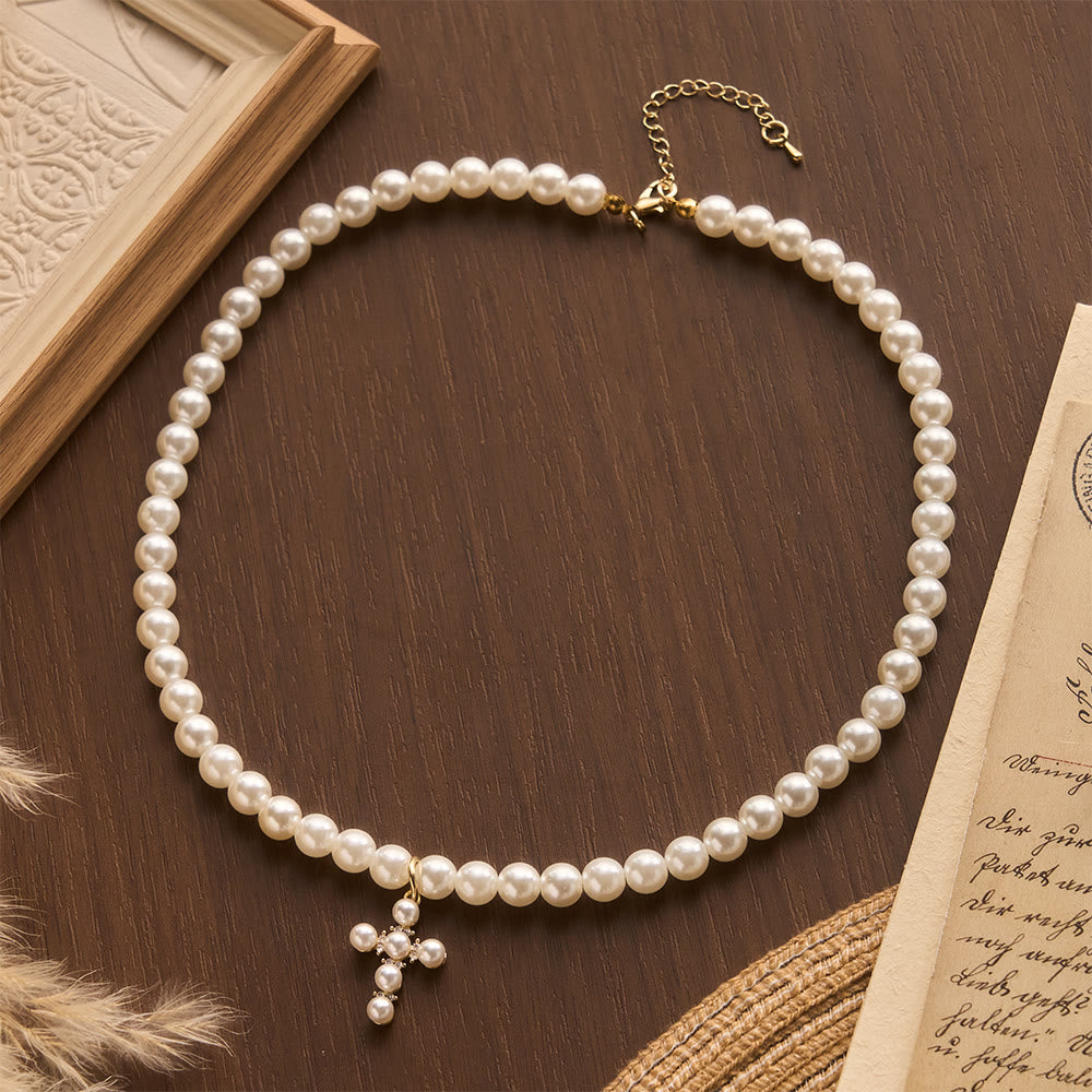 FREE Today: Elegant Imitation Pearl Bead Mini Pearl Cross Pendant Choker Necklace: Timeless Emblem of Gentle Heavenly Guardianship - image 2