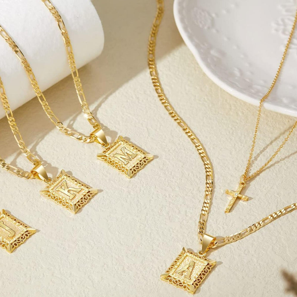 Christianartworkshop Dainty Stackable Two Tier Rhinestone Cross A To Z Initial Tag Figaro Chain Necklace: Timeless Emblem of Gentle Heavenly Guardianship - image 1