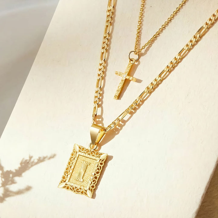 FREE Today: Dainty Stackable Two Tier Rhinestone Cross A To Z Initial Tag Figaro Chain Necklace: Timeless Emblem of Gentle Heavenly Guardianship - I - image 12