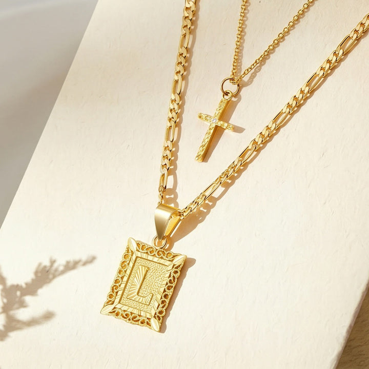 FREE Today: Dainty Stackable Two Tier Rhinestone Cross A To Z Initial Tag Figaro Chain Necklace: Timeless Emblem of Gentle Heavenly Guardianship - L - image 14