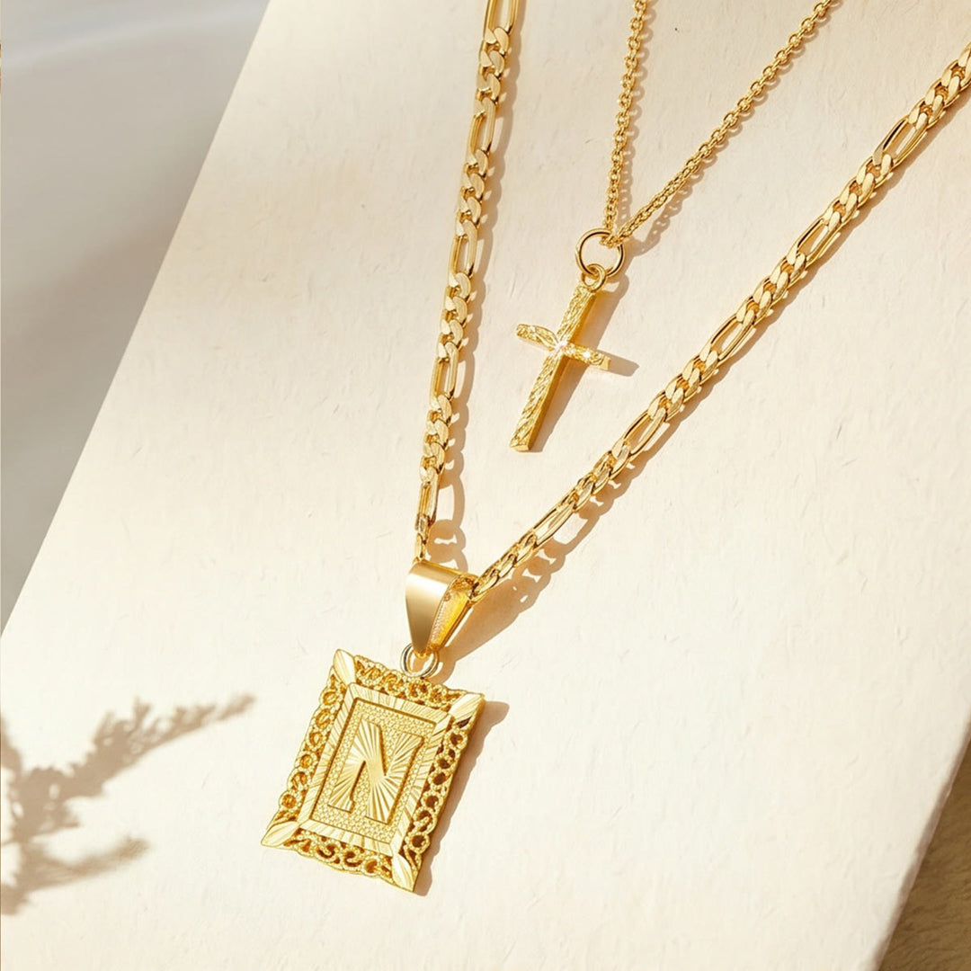 FREE Today: Dainty Stackable Two Tier Rhinestone Cross A To Z Initial Tag Figaro Chain Necklace: Timeless Emblem of Gentle Heavenly Guardianship - N - image 16