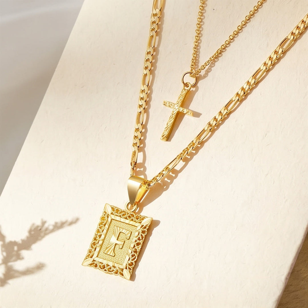 FREE Today: Dainty Stackable Two Tier Rhinestone Cross A To Z Initial Tag Figaro Chain Necklace: Timeless Emblem of Gentle Heavenly Guardianship - F - image 9