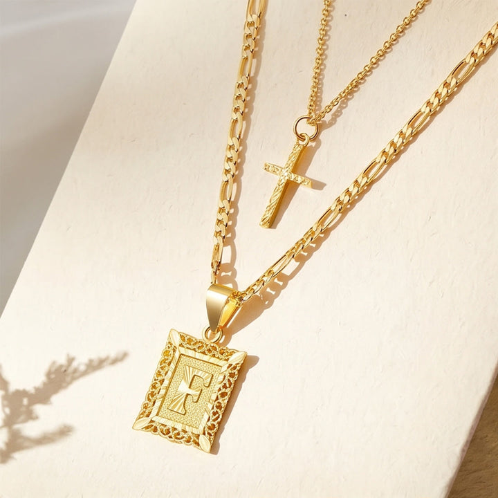 FREE Today: Dainty Stackable Two Tier Rhinestone Cross A To Z Initial Tag Figaro Chain Necklace: Timeless Emblem of Gentle Heavenly Guardianship - F - image 9