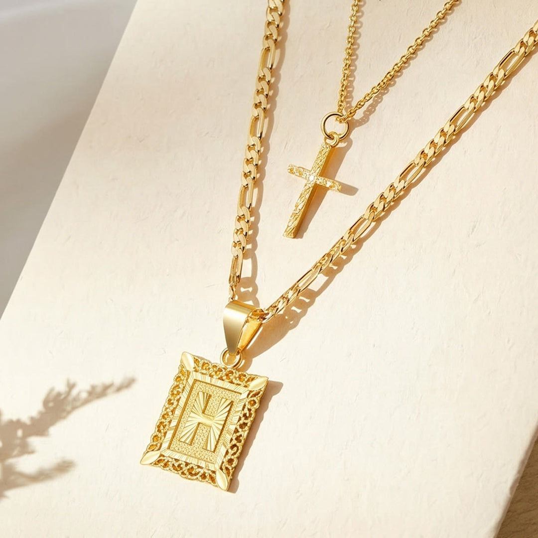 FREE Today: Dainty Stackable Two Tier Rhinestone Cross A To Z Initial Tag Figaro Chain Necklace: Timeless Emblem of Gentle Heavenly Guardianship - H - image 11