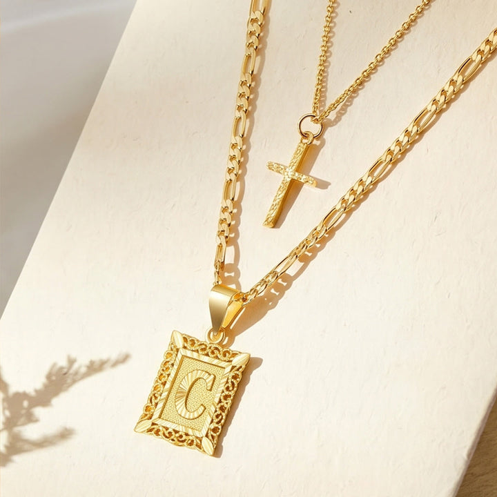 FREE Today: Dainty Stackable Two Tier Rhinestone Cross A To Z Initial Tag Figaro Chain Necklace: Timeless Emblem of Gentle Heavenly Guardianship - C - image 6