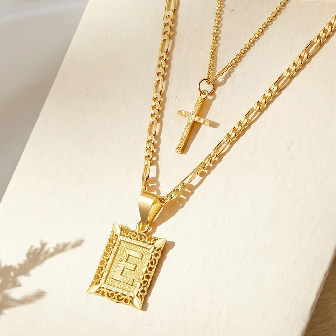 FREE Today: Dainty Stackable Two Tier Rhinestone Cross A To Z Initial Tag Figaro Chain Necklace: Timeless Emblem of Gentle Heavenly Guardianship - E - image 8