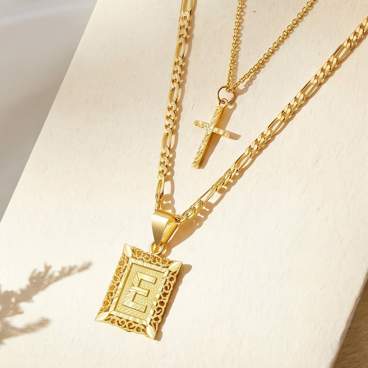 FREE Today: Dainty Stackable Two Tier Rhinestone Cross A To Z Initial Tag Figaro Chain Necklace: Timeless Emblem of Gentle Heavenly Guardianship - E - image 8