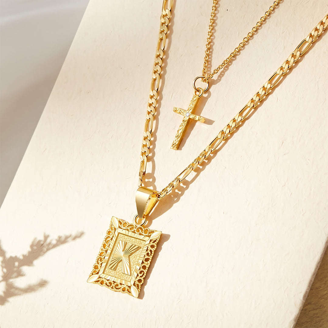 FREE Today: Dainty Stackable Two Tier Rhinestone Cross A To Z Initial Tag Figaro Chain Necklace: Timeless Emblem of Gentle Heavenly Guardianship - K - image 4
