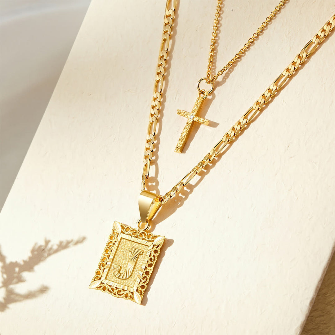 FREE Today: Dainty Stackable Two Tier Rhinestone Cross A To Z Initial Tag Figaro Chain Necklace: Timeless Emblem of Gentle Heavenly Guardianship - J - image 13