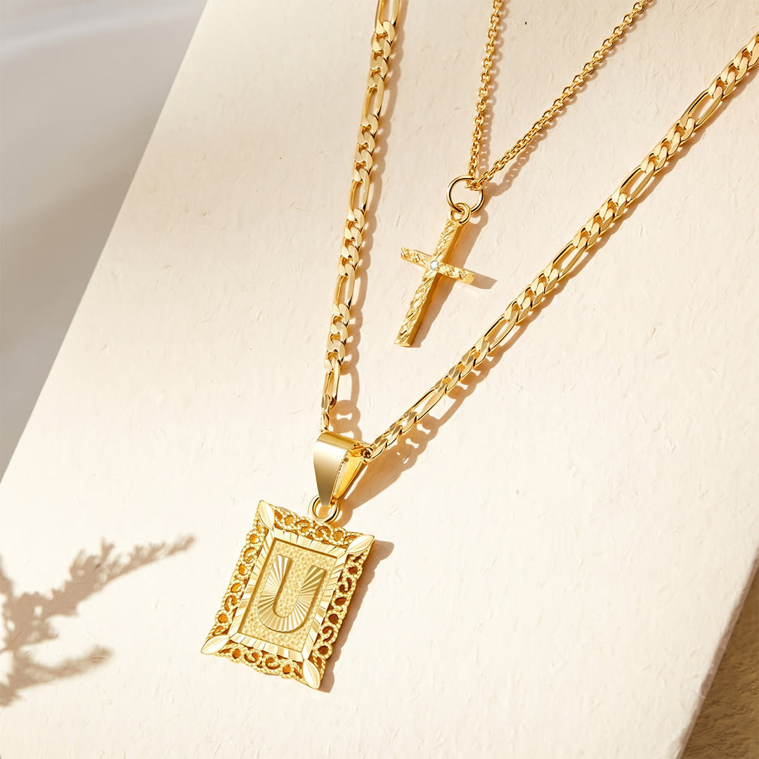 FREE Today: Dainty Stackable Two Tier Rhinestone Cross A To Z Initial Tag Figaro Chain Necklace: Timeless Emblem of Gentle Heavenly Guardianship - U - image 23