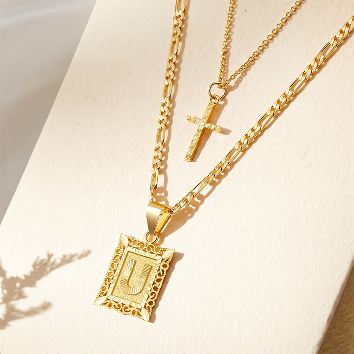 FREE Today: Dainty Stackable Two Tier Rhinestone Cross A To Z Initial Tag Figaro Chain Necklace: Timeless Emblem of Gentle Heavenly Guardianship - U - image 23