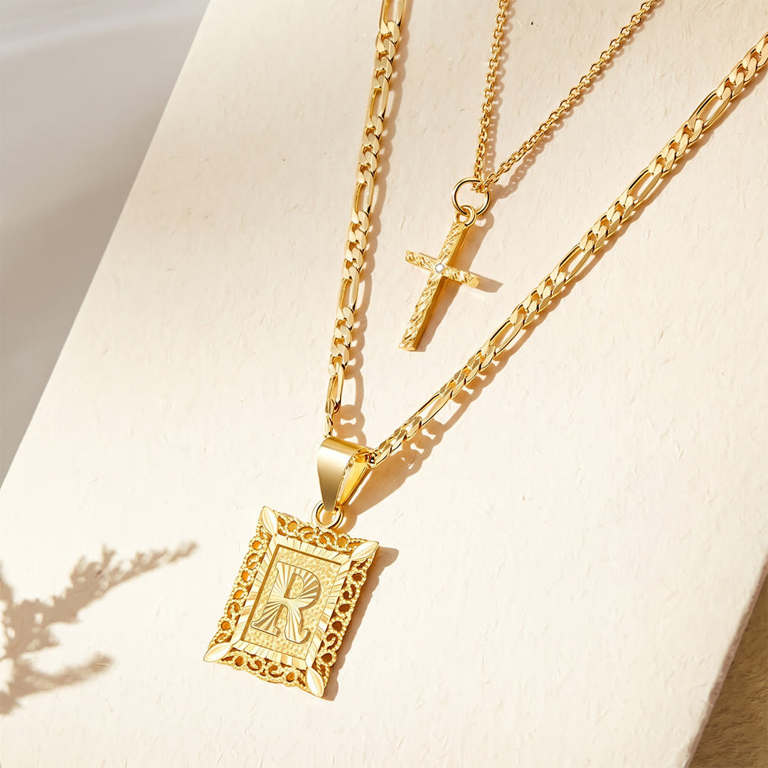 FREE Today: Dainty Stackable Two Tier Rhinestone Cross A To Z Initial Tag Figaro Chain Necklace: Timeless Emblem of Gentle Heavenly Guardianship - R - image 20