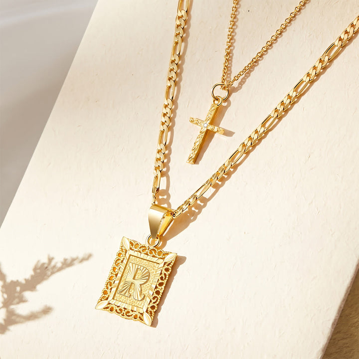 FREE Today: Dainty Stackable Two Tier Rhinestone Cross A To Z Initial Tag Figaro Chain Necklace: Timeless Emblem of Gentle Heavenly Guardianship - R - image 20